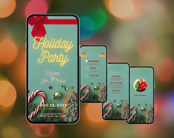 May include: A digital invitation for a holiday party hosted by Jim and Erica. The invitation features a green background with a red bow, candy canes, and a gingerbread house. The text on the invitation reads "Holiday Party", "Hosted by Jim & Erica", "Dec 23, 2023", and "Please RSVP-Text Jessica 401-154-9697".