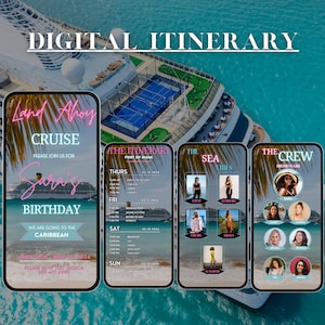 May include: Digital itinerary design featuring a cruise ship and tropical waters. The design includes a digital invitation with the text "Land Ahoy Cruise" and "Sarah's Birthday." Additional screens display the itinerary, sea vibes, and crew details.