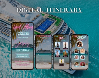 May include: Digital itinerary design featuring a cruise ship and tropical waters. The design includes a digital invitation with the text "Land Ahoy Cruise" and "Sarah's Birthday." Additional screens display the itinerary, sea vibes, and crew details.