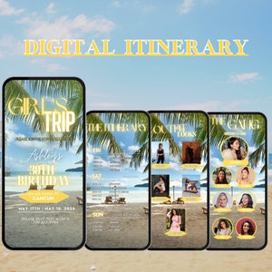 May include: A digital itinerary for a girls' trip to Cancun for Ashley's 30th birthday. The itinerary includes a schedule of activities, outfit ideas, and a list of the attendees. The background image is a beach scene with palm trees and blue water.