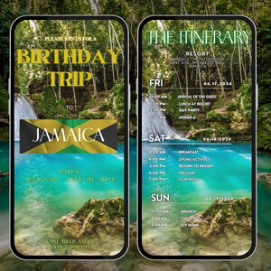 May include: A mobile phone screen displaying a birthday trip invitation to Jamaica. The itinerary includes arrival, activities, and departure details for a trip to Sandals Montego Bay, Jamaica. The dates are June 15th to June 20th, 2024.