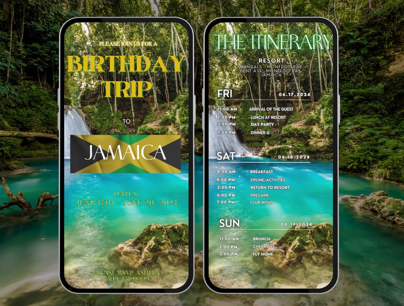 May include: A mobile phone screen displaying a birthday trip invitation to Jamaica. The itinerary includes arrival, activities, and departure details for a trip to Sandals Montego Bay, Jamaica. The dates are June 15th to June 20th, 2024.