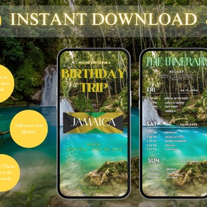 May include: A digital invitation for a birthday trip to Jamaica. The invitation features a waterfall and lush greenery. The text on the invitation reads "Please join us for a birthday trip to Jamaica" and includes a date and time. The itinerary for the trip is also included on the invitation.