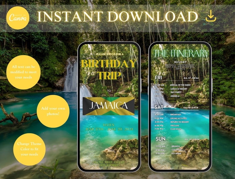 May include: A digital invitation for a birthday trip to Jamaica. The invitation features a waterfall and lush greenery. The text on the invitation reads "Please join us for a birthday trip to Jamaica" and includes a date and time. The itinerary for the trip is also included on the invitation.
