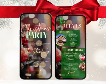 May include: A digital invitation for a Christmas party hosted by The Stanley's. The invitation includes details about the location, date, time, food, and drinks. The invitation is designed with a festive red and green colour scheme and features a Christmas tree and baubles.