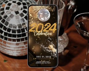 Könnte beinhalten: Ein Smartphone-Bildschirm zeigt eine Einladung zu einer Silvesterparty mit goldfarbenem Glitzertext, der "2024 Celebration" lautet. Das Datum ist der 31. Dezember 2023, und es gibt eine Telefonnummer für RSVP.