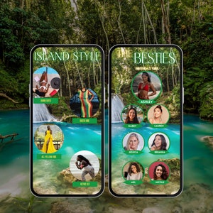May include: A mobile phone screen displaying a social media post for a birthday party. The post features a tropical island theme with photos of women in various outfits. The text on the screen reads "Island Style" and "The Besties Birthday Girl".