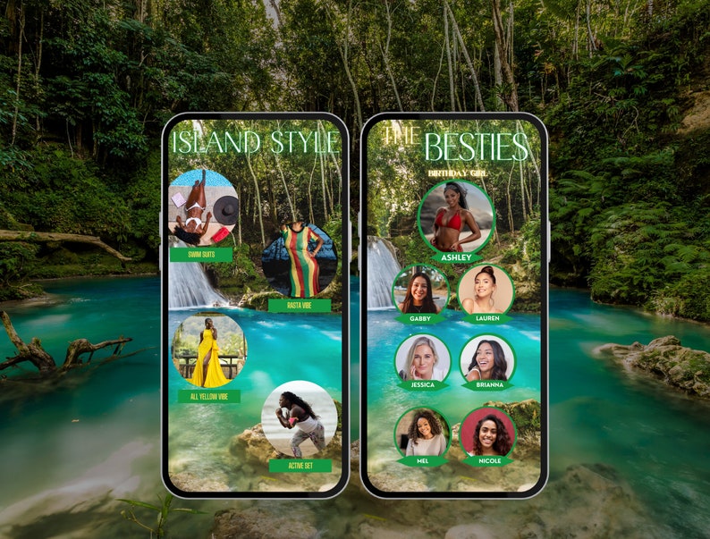 May include: A mobile phone screen displaying a social media post for a birthday party. The post features a tropical island theme with photos of women in various outfits. The text on the screen reads "Island Style" and "The Besties Birthday Girl".