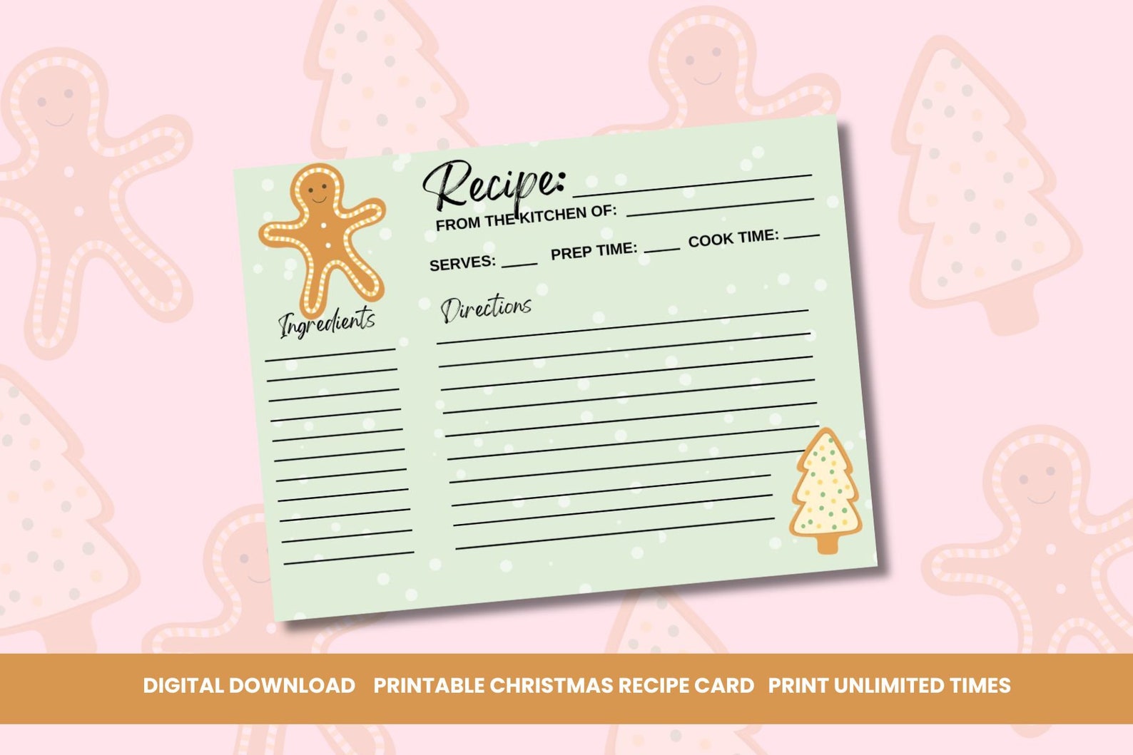 Gingerbread Printable Digital Recipe Card Etsy