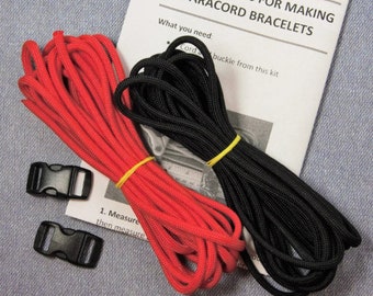 May include: A kit for making paracord bracelets, including two spools of cord, one red and one black, and two black plastic buckles. The instructions for making the bracelets are included on a sheet of paper.