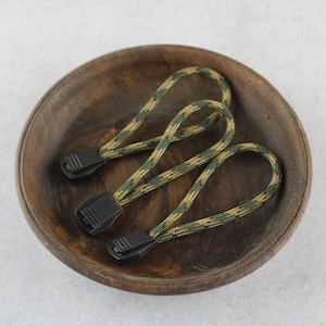 May include: Three green and brown camouflage zipper pulls with black plastic toggles.