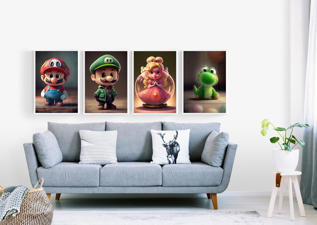 SUPER MARIO - 4 Set Cute Mario Luigi Princess Peach and Yoshi Art Print ...