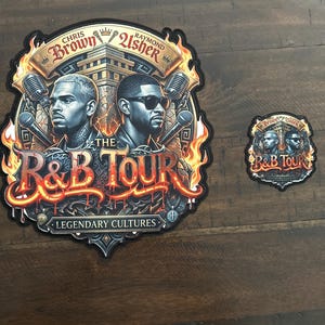 May include: Two embroidered patches featuring portraits of Chris Brown and Usher with microphones, flames, and the text "CHRIS BROWN", "RAYMOND USHER", "THE R&B TOUR", and "LEGENDARY CULTURES". The patches are circular with decorative edges and black borders.