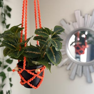 Orange Small Macrame Plant Hanger – Handmade Indoor Hanging Planter | Boho Plant Holder with Wooden Beads | Orange Macrame Home Decor
