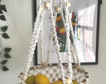 Cream Handmade Hanging Macrame Fruit Basket: Elegant Boho Decor