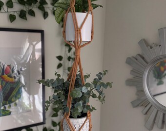Caramel Chunky Macrame Double Plant Hanger: Boho 2-Tier Indoor Hanging Planter