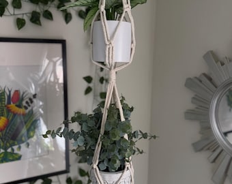 Beige  Chunky Macrame Double Plant Hanger: Boho 2-Tier Indoor Hanging Planter