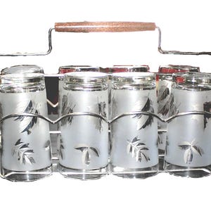 Vintage Libbey Silver Foliage Hi-Ball Glass Set with Chrome Carrier – Mid-Century Modern Elegance