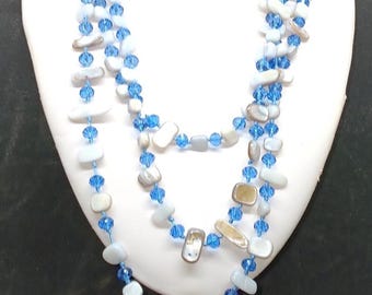 NWT Salinite Handmade 3-Strand Layered Shell & Blue Crystal Statement Necklace