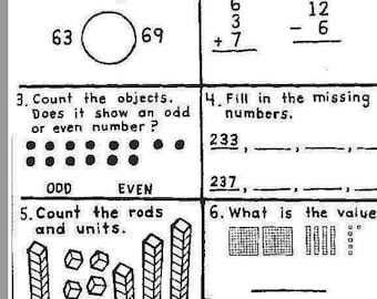 May include: A worksheet with math problems for kids. The problems include greater than, less than, addition, subtraction, counting objects, filling in missing numbers, counting rods and units, and determining the value of a set of objects. The worksheet also includes a question about how many people are shown in a picture.