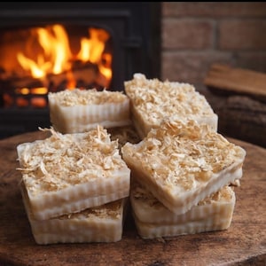 May include: A collection of square handmade soap bars, light beige with a textured top covered in light brown flakes, are stacked on a wooden surface. A fireplace with a burning fire is in the background.