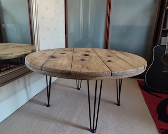 Rustic Cable Reel Coffee Table, Upcycled Wood with Hairpin Legs