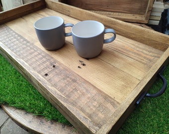 Handmade Reclaimed Wood Ottoman Tray, Rustic Farmhouse Decor with Cast Iron Handles