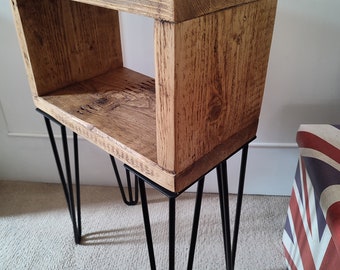 Bedside Table Handmade**Reclaimed Wood Rustic Industrial on Hairpin Legs