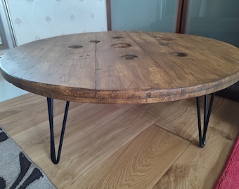 Reclaimed Wood Coffee Table, Round Rustic Industrial Style with Hairpin Legs
