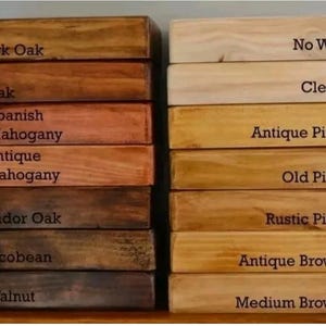 Op de afbeelding: Een kleurenkaart voor houtbeits met 10 verschillende houtbeitskleuren. De kleuren zijn van boven naar beneden gelabeld: Donker eiken, Teak, Spaans mahonie, Antiek mahonie, Tudor eiken, Jacobean, Walnoot, Geen was, Helder, Antiek grenen, Oud grenen, Rustiek grenen, Antiek bruin, Middelbruin.