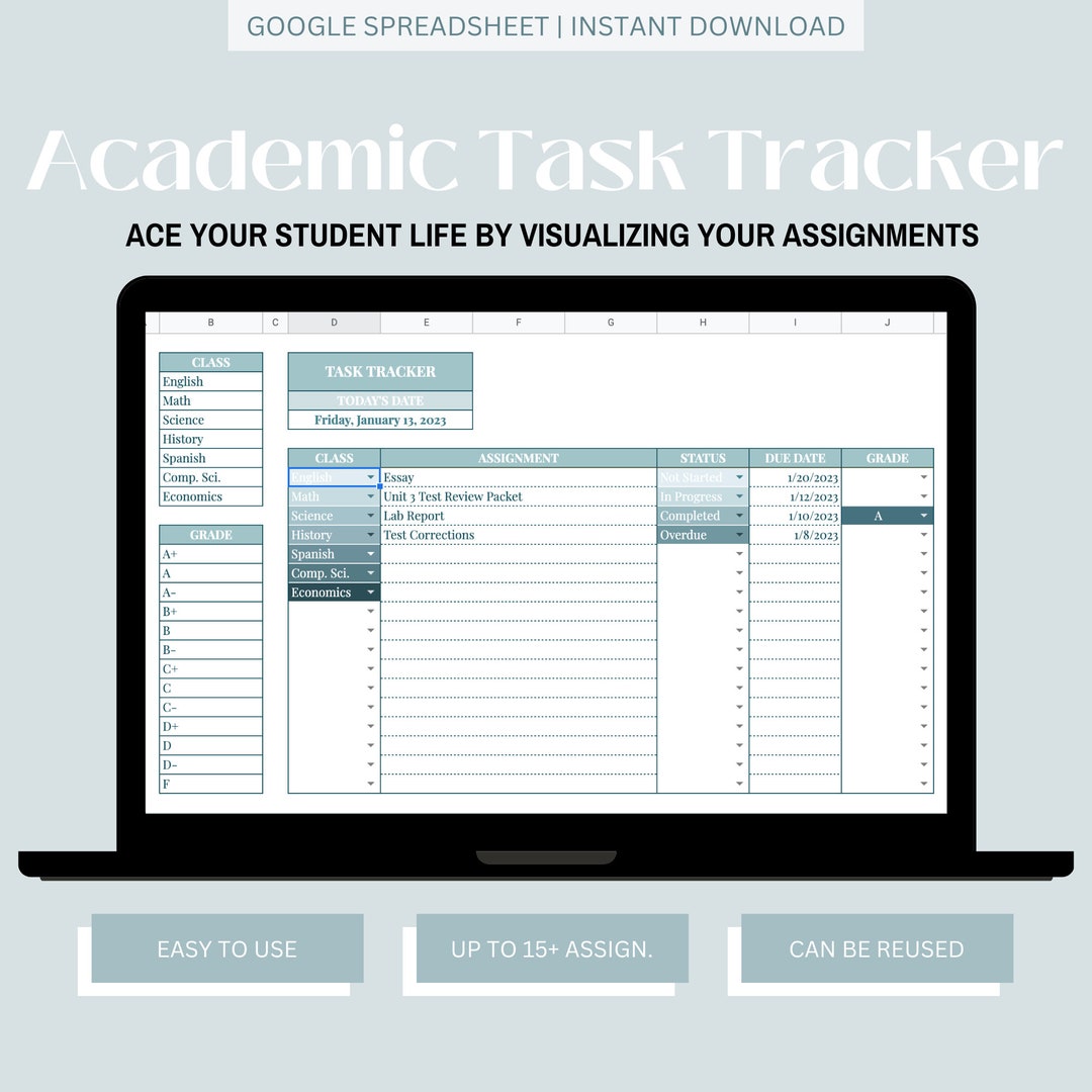 Teal Academic Task Tracker Google Sheets Spreadsheet - Etsy
