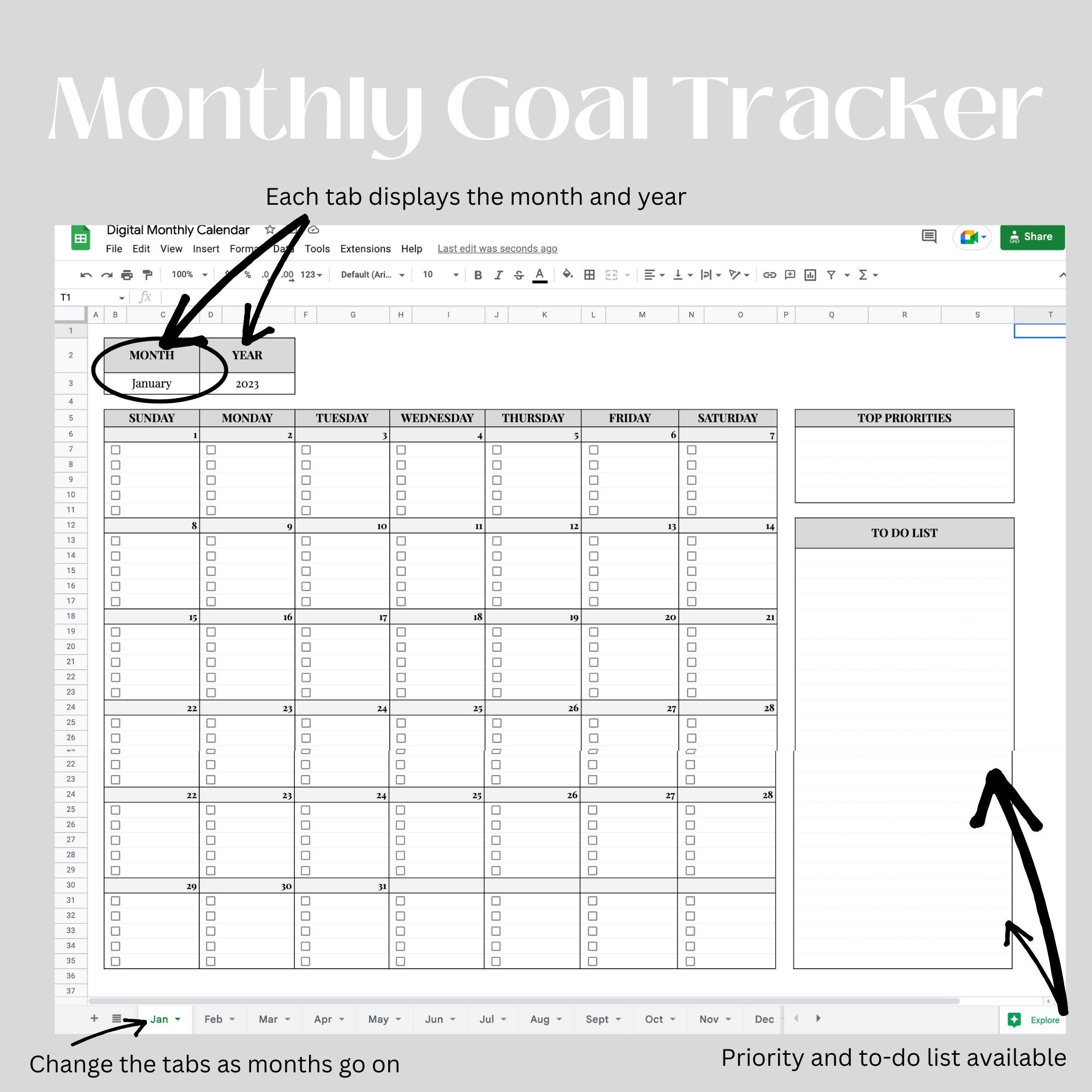 Monthly Calendar Google Sheets Spreadsheet Google Sheets Etsy