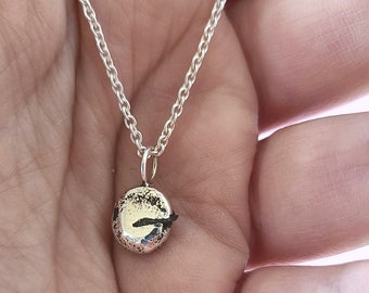 May include: A silver chain necklace with a small, round, silver pendant. The pendant has a textured surface and a dark gray streak.