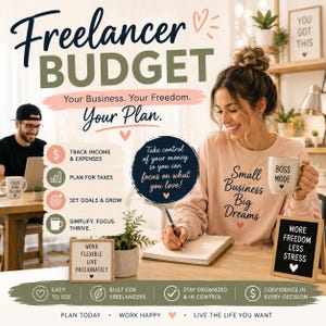 May include: A light pink long-sleeve shirt with the text Small Business Big Dreams, a white mug with the text BOSS MODE, and a black letter board with the text MORE FREEDOM LESS STRESS. The image includes text about a freelancer budget and business planning.