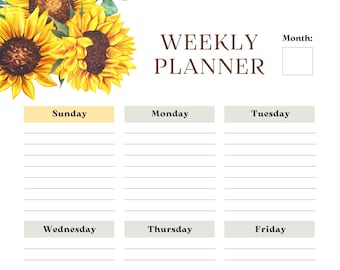 Floral Illustrated Sunflower Weekly Planner | Printable | Digital Download