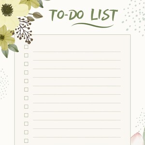 Puede incluir: Una lista de tareas imprimible con un diseño floral. La lista tiene un fondo blanco con flores verdes y blancas a la izquierda y flores rosas a la derecha. El texto "TO-DO LIST" está escrito en verde en la parte superior de la página. El texto "LIFE IS NOT ABOUT FINDING YOURSELF. LIFE IS ABOUT CREATING YOURSELF." está escrito en negro en la parte inferior de la página.