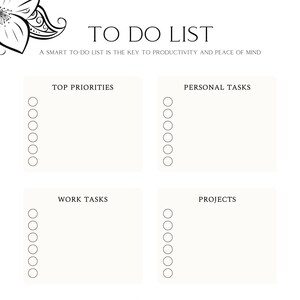 Op de afbeelding: Een zwart-witte printbare to-do-lijst met een bloemenontwerp. De lijst is verdeeld in zes secties: Top Prioriteiten, Persoonlijke Taken, Werktaken, Projecten, Gezondheid en Onderwijs. Elke sectie heeft acht lege cirkels om taken af te vinken.