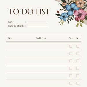 Puede incluir: Una lista de tareas imprimible con un diseño floral en tonos de rosa, azul y verde. La lista incluye una sección para el día, la fecha y el mes, y una lista numerada de tareas con casillas de verificación para sí o no.