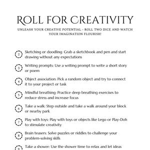 Może przedstawiać: Czarno-biała, drukowalna tabela z tytułem "Roll for Creativity". Tabela zawiera 12 różnych czynności, które pomogą Ci uwolnić swój potencjał twórczy. Każda czynność jest ponumerowana i zawiera krótki opis.
