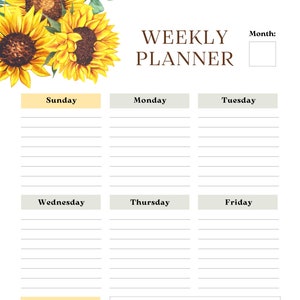Könnte beinhalten: Ein Wochenplaner mit einem Sonnenblumen-Design. Der Planer hat für jeden Tag der Woche einen Platz mit Linien zum Schreiben. Das Zitat "Alles, was du dir vorstellen kannst, ist real." von Pablo Picasso befindet sich am unteren Rand des Planers.