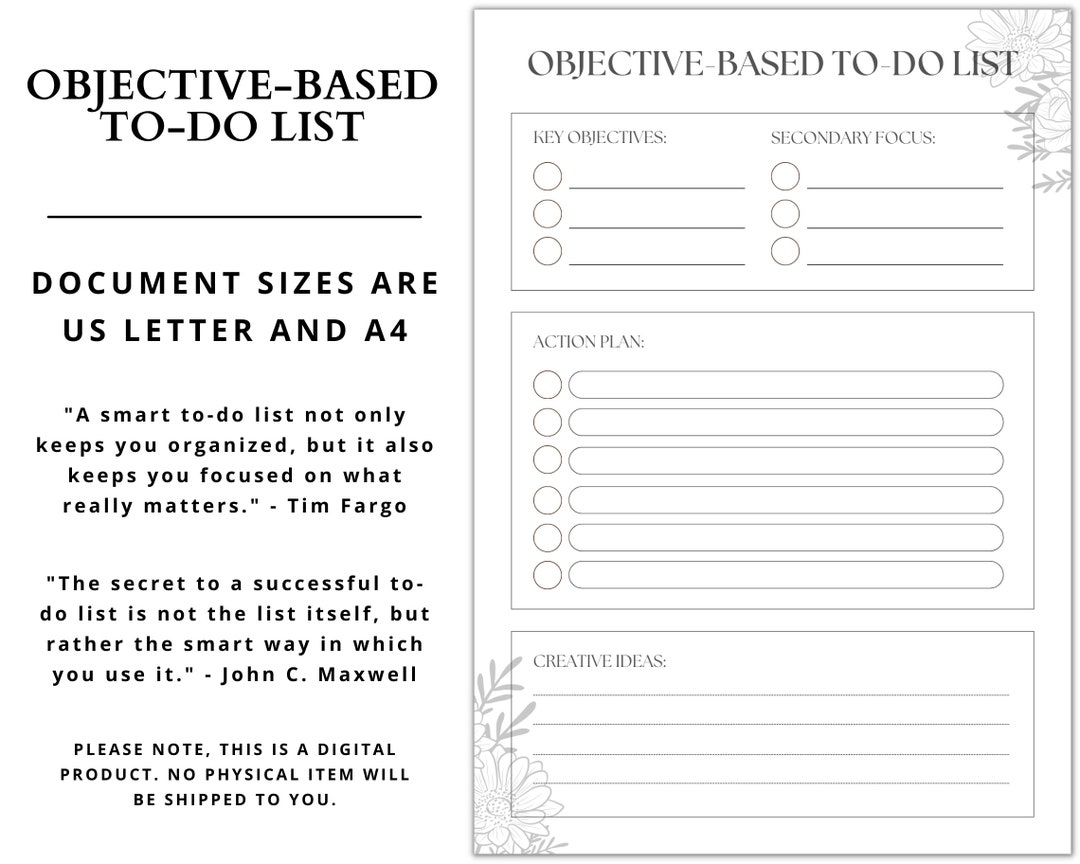 Objective-based To-do List | Printable | Digital Download - Etsy