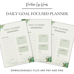 Op de afbeelding: Printbare dagelijkse planner met een groen bloemmotief. De planner bevat secties voor het schema van vandaag, doelen, herinneringen en notities. De tekst "DOWNLOADABLE FILES ARE PDF AND PNG" staat onderaan de pagina.