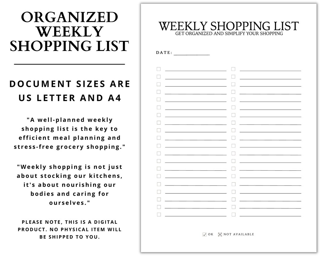 Organized Weekly Shopping List Printable Digital Download Etsy
