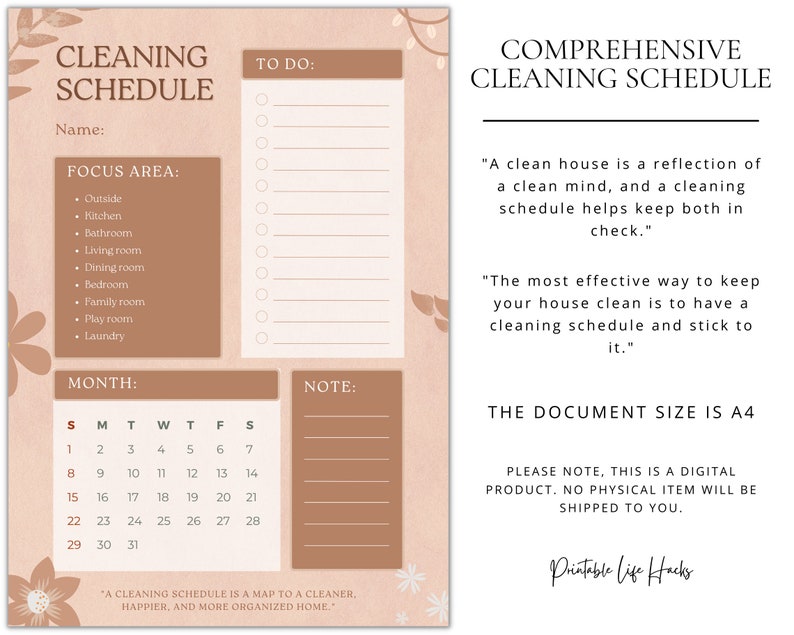 Brown Flower Cleaning Schedule | Printable | Digital Download - Etsy