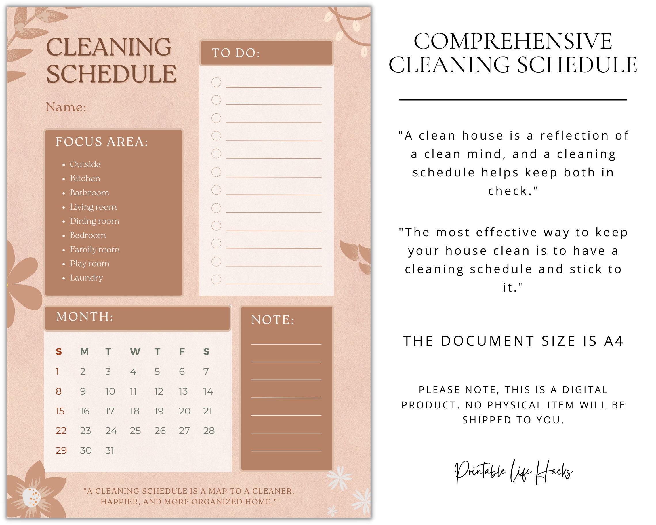 Brown Flower Cleaning Schedule | Printable | Digital Download - Etsy