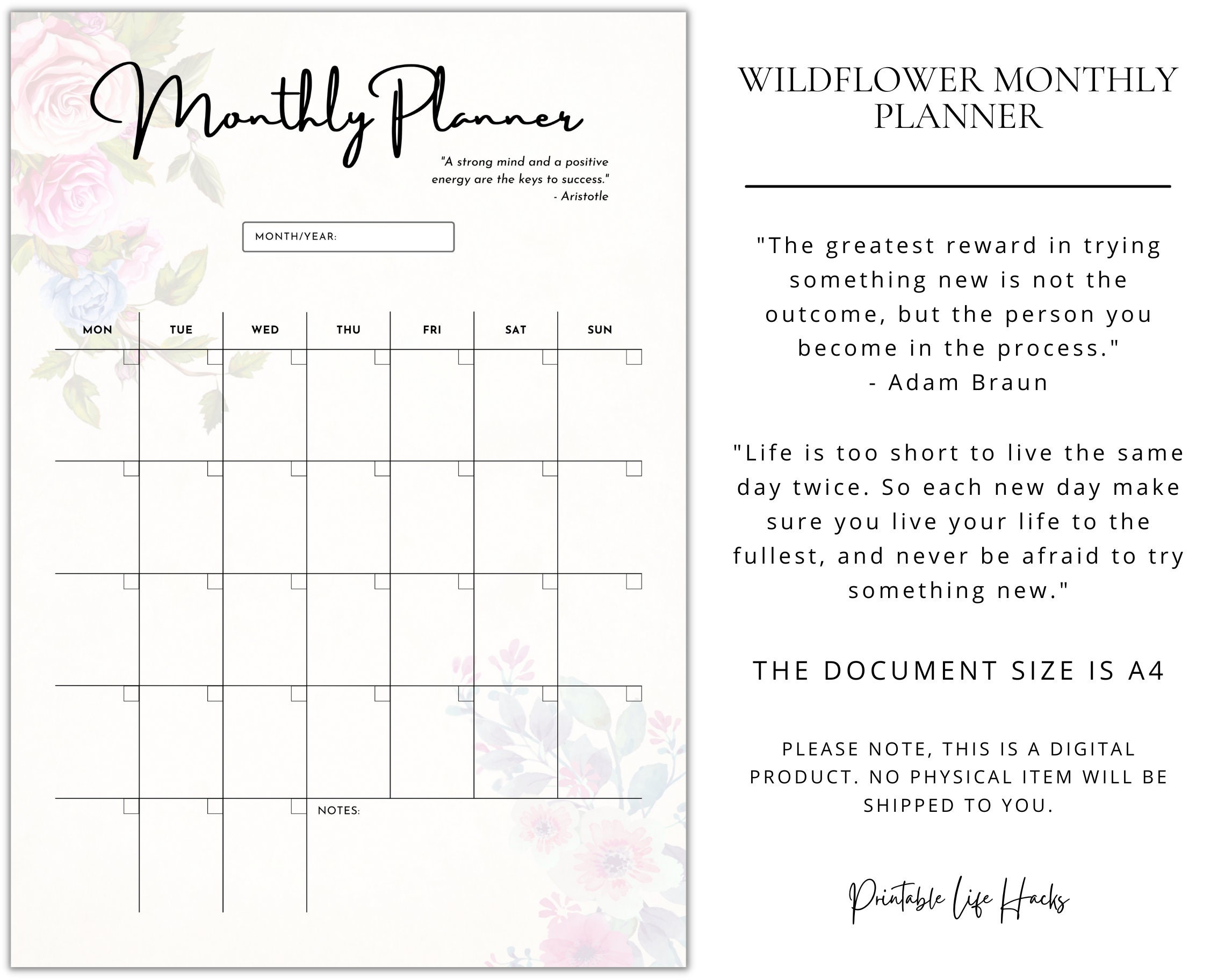 Wildflower Elegant Monthly Planner | Printable | Digital Download - Etsy