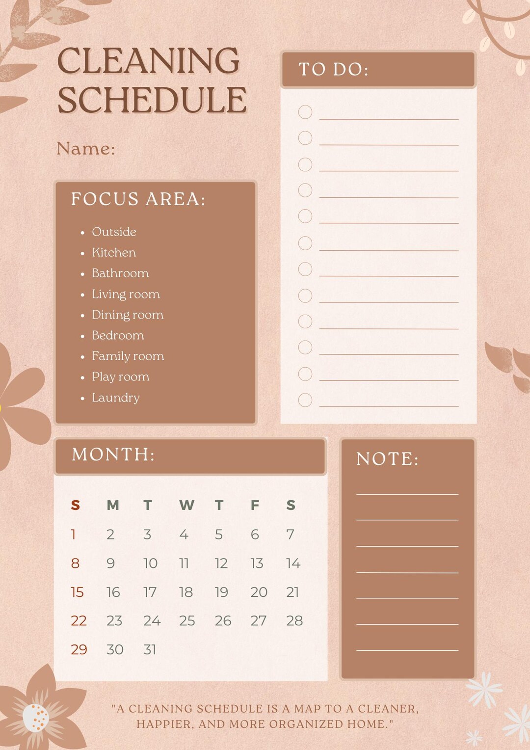 Brown Flower Cleaning Schedule | Printable | Digital Download - Etsy