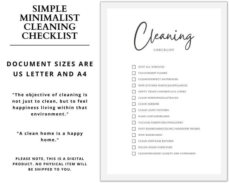 Checklist Clean Modern Minimalist Cleaning Checklist, House Cleaning Guide, Cleaning Routine ...