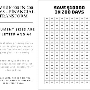 May include: A black and white financial savings chart with the text "Save $10000 in 200 Days." The chart is divided into small squares, each labeled with "$50." Additional text includes quotes about saving money and document sizes.