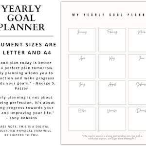 Puede incluir: Un planificador de objetivos anual imprimible con una cuadrícula de 12 casillas, una para cada mes del año. El planificador está diseñado para los tamaños de papel US Letter y A4. El texto "MY YEARLY GOAL PLANNER" está en la parte superior de la página. El texto "The road to success is a long and winding one, but with a solid plan in place, you'll get there eventually." está en la parte inferior de la página.